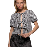 URBAN DAIZY WOMEN'S GINGHAM TRIPLE BOW PUFF SLEEVE CROP TOP - UDTM4911T