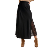BLUIVY WOMEN'S LACE TRIMMED MID-RISE SATIN MIDI SKIRT - B02580