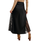 BLUIVY WOMEN'S LACE TRIMMED MID-RISE SATIN MIDI SKIRT - B02580