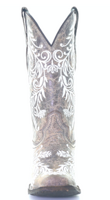 CORRAL WOMEN'S BROWN & WHITE EMBROIDERED SQUARE TOE BOOT - A4063