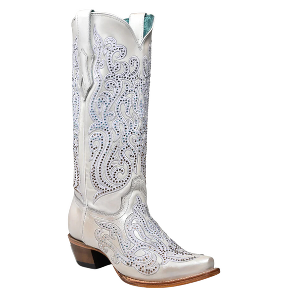 CORRAL WOMEN'S WHITE OVERLAY EMBROIDERY & CRYSTALS SNIP TOE WESTERN BOOT - C4103