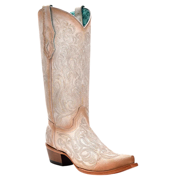 CORRAL WOMEN'S PINK LUMINESCENT EMBROIDERY CRACKLED STRAW SNIP TOE WESTERN BOOT - C4143