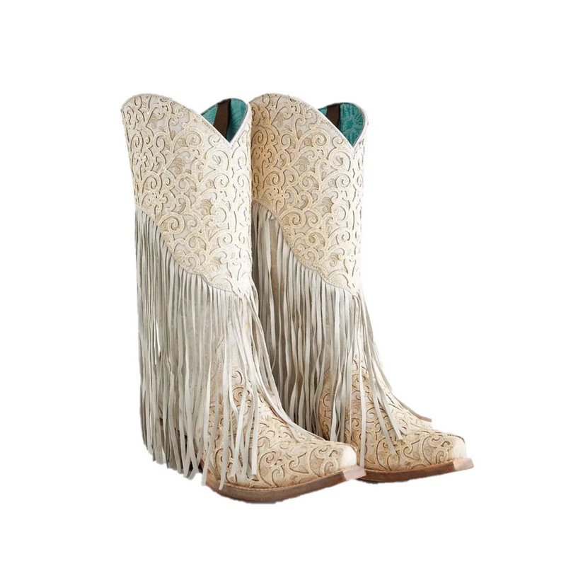 CORRAL WOMEN'S PAISLEY FRINGED WHITE OVERLAY WESTERN BOOTS - C3955