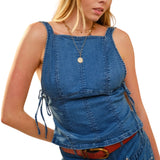 BLUE B WOMEN'S SQUARE NECK OPEN SIDE TIE CORSET DENIM TOP - 23948T