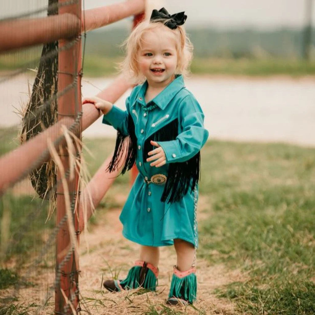 SHEA BABY INFANT GIRLS TEAL COWGIRL VINTAGE LONG SLEEVE DRESS