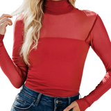 LITTLE DAISY CLOSET WOMEN'S SHEER MESH PATCHWORK HIGH MOCK NECK TOP - LD25230576