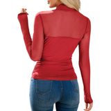LITTLE DAISY CLOSET WOMEN'S SHEER MESH PATCHWORK HIGH MOCK NECK TOP - LD25230576