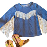 SHEA BABY TODDLER GIRLS DENIM LONG SLEEVE WITH FRINGE SHIRT - ST01