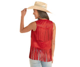 ROCK & ROLL WOMEN'S RED STUDDED MICROSUEDE FRINGE VEST - BW98C08787