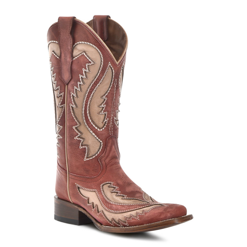 CIRCLE G WOMEN'S RED BONE EMBROIDERY & INLAY SQUARE TOE WESTERN BOOT - L6127