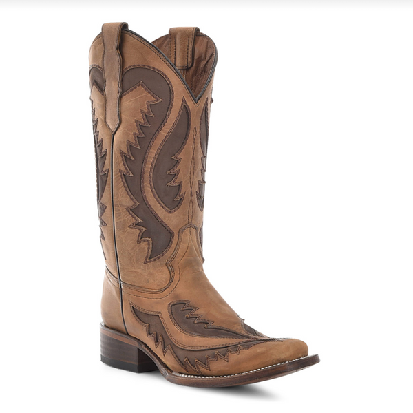 CIRCLE G WOMEN'S TAN CHOCOLATE EMBROIDERY & INLAY SQUARE TOE WESTERN BOOT - L6129