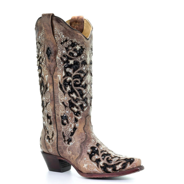 CORRAL WOMEN S ASHLEY BROWN FLORAL AND BLACK SEQUIN INLAY WESTERN