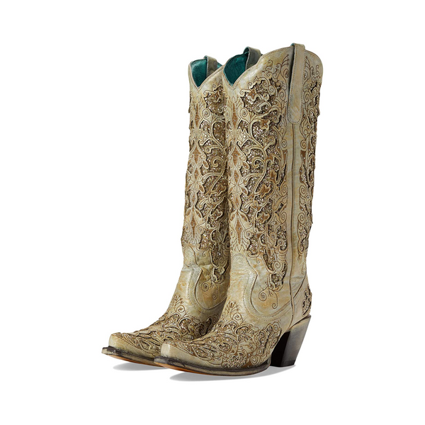 CORRAL WOMEN'S BEIGE DISTRESSED GLITTER INLAY & EMBROIDERY WESTERN BOOTS - A4345