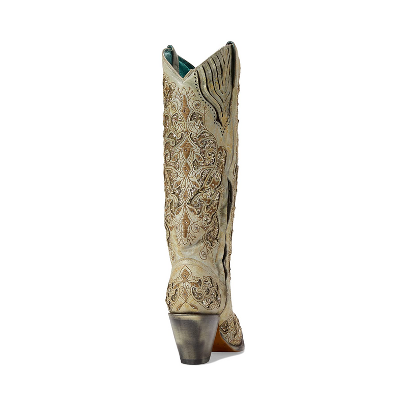 CORRAL WOMEN'S BEIGE DISTRESSED GLITTER INLAY & EMBROIDERY WESTERN BOOTS - A4345