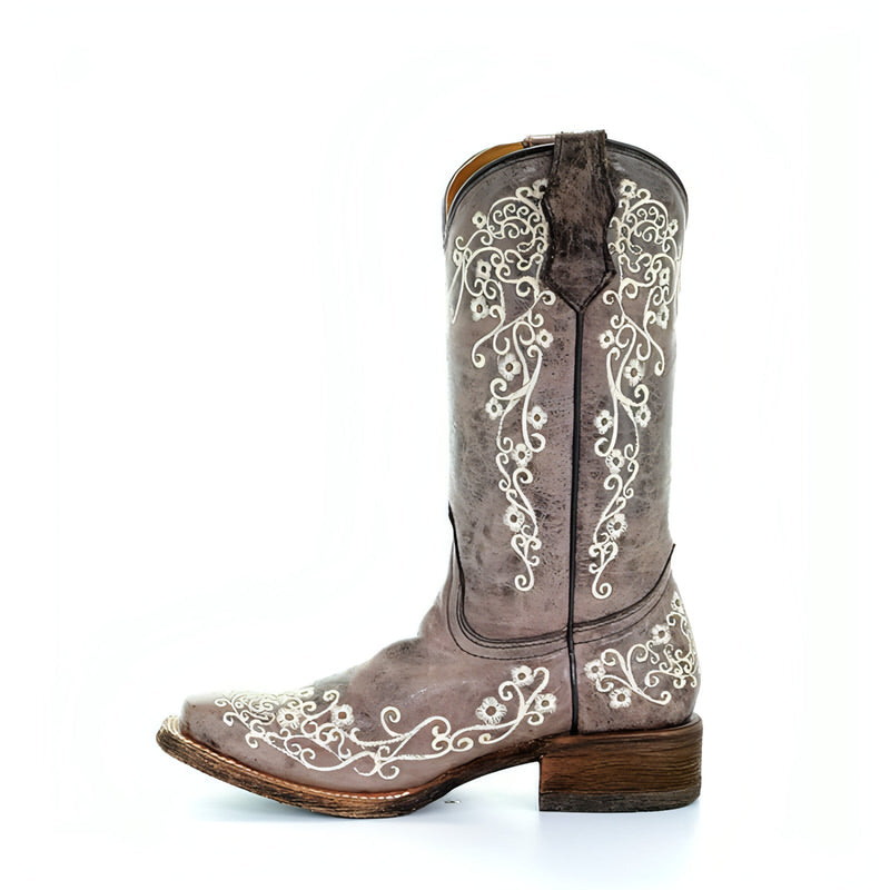 CORRAL KIDS/TEEN BROWN/BONE EMBROIDERY SQUARE TOE BOOT - A2980