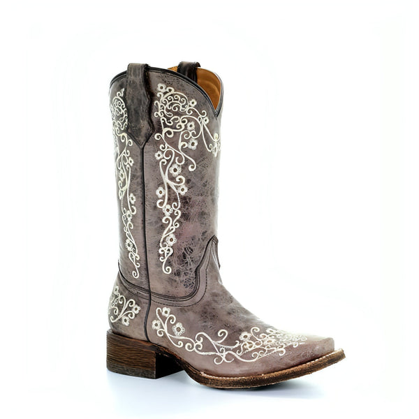 CORRAL KIDS/TEEN BROWN/BONE EMBROIDERY SQUARE TOE BOOT - A2980