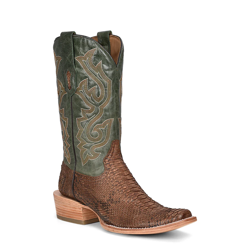 CORRAL MEN'S BROWN & GREEN PYTHON SQ TOE EXOTIC WESTERN BOOTS - A4287