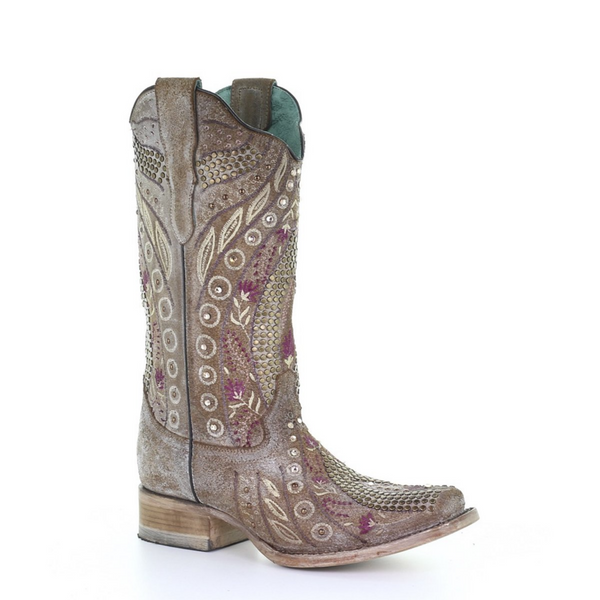 CORRAL WOMEN'S LD STUDS&FLOWERED EMBROIDERY&CRYSTALS WESTERN BOOT - E1520