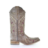 CORRAL WOMEN'S LD STUDS&FLOWERED EMBROIDERY&CRYSTALS WESTERN BOOT - E1520