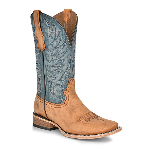CORRAL MEN'S YELLOW & BLUE EMBROIDERY SQ TOE WESTERN BOOTS - L5956