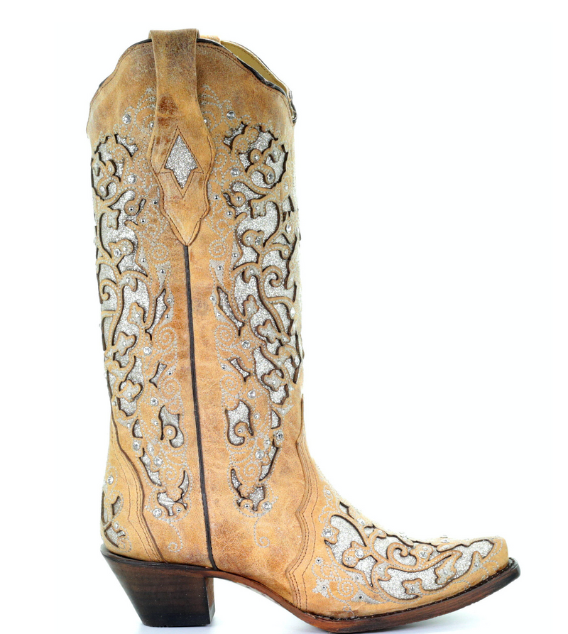 CORRAL WOMEN'S BEIGE INLAY EMBROIDERY CRYSTALS & STUDS BOOT - A3670