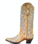 CORRAL WOMEN'S BEIGE INLAY EMBROIDERY CRYSTALS & STUDS BOOT - A3670