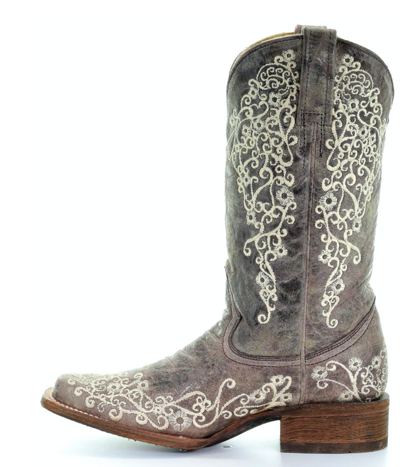 CORRAL WOMEN'S BROWN CRATER BONE EMBROIDERY SQUARE TOE BOOT- A2663