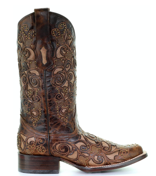 CORRAL WOMEN'S BROWN INLAY & STUDS EMBROIDERY SQUARE TOE BOOT-A3326