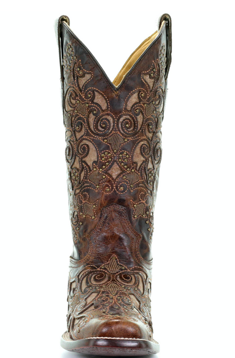 CORRAL WOMEN'S BROWN INLAY & STUDS EMBROIDERY SQUARE TOE BOOT-A3326