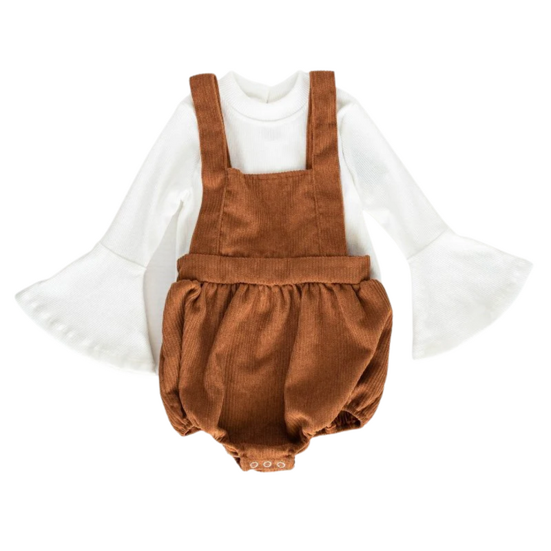 BAILEY'S BLOSSOMS INFANT/TODDLER DOLLY SUSPENDER BUBBLE ROMPER PRALINE