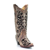 CORRAL WOMEN'S ASHLEY BROWN FLORAL AND BLACK SEQUIN INLAY WESTERN BOOT - A3569