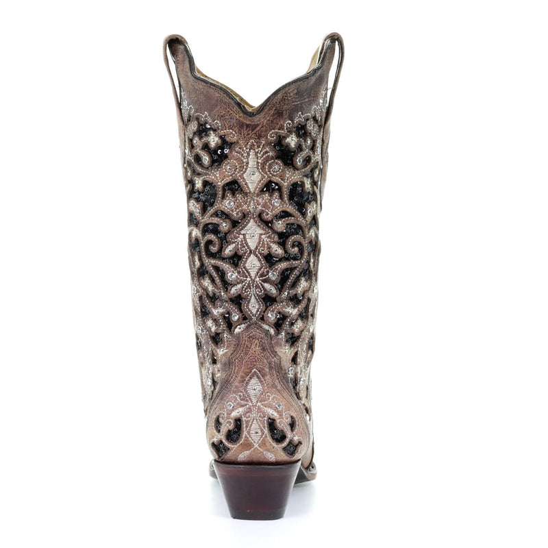 CORRAL WOMEN'S ASHLEY BROWN FLORAL AND BLACK SEQUIN INLAY WESTERN BOOT - A3569